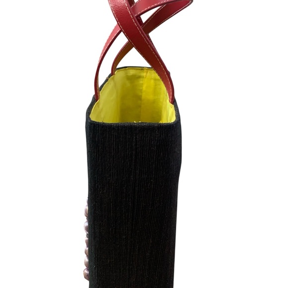 Vintage Santi Woven Straw Tote Bag Fruit Embroidered Black Canvas - Picture 3 of 11